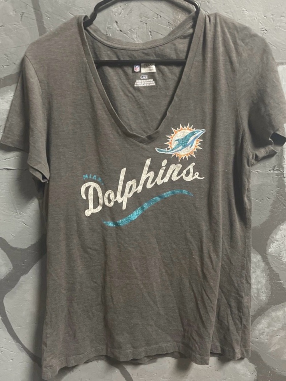 NFL Miami Dolphins Women's V-Neck Tee - Gray with Teal & Orange Logo